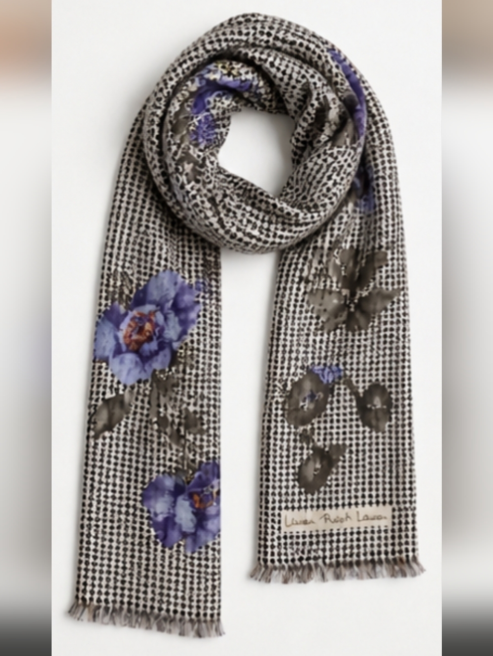 Vintage Ralph Lauren Silk Houndstooth & Floral Long Scarf Purple Flowers 12x52 - Picture 4 of 13